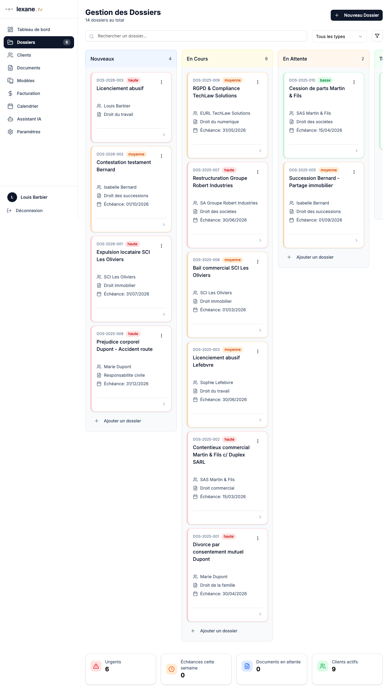 Tableau Kanban des dossiers
